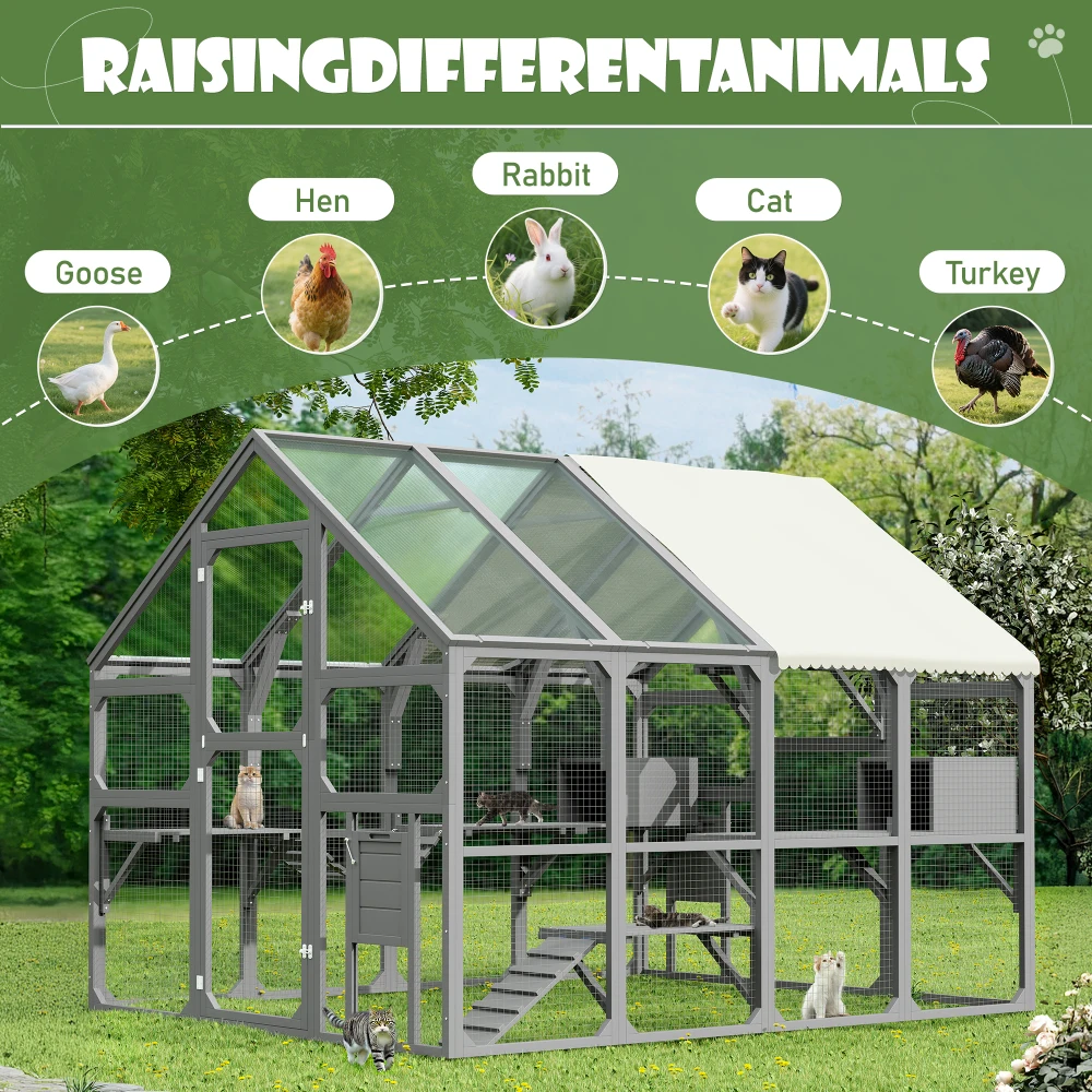 Ye Large Catio Outdoor Cat Enclosure for Multiple Kittens - Wooden Cat House with 7 Platforms, 2 Resting Boxes, 1 Bridge, 1 Ramp, Walk-in Kitty Cage Kennel with Sunshine Board Roof, Gray view 7