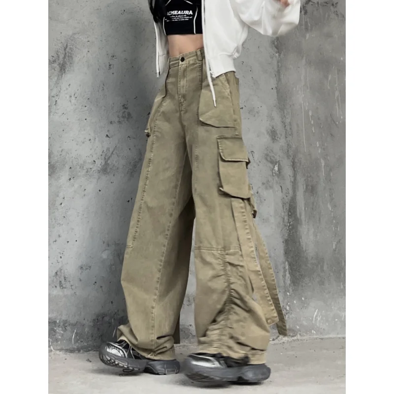 Unisex Green Cargo Loose Wide Leg Cuffed Dance Pants with Ribbon Details Designed for Hip Hop Jazz and Streetwear Looks