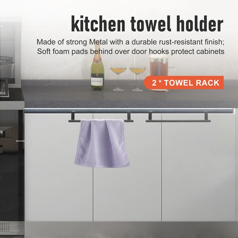 Over The Door Towel Rack, Kitchen Towel Holder, Over Cabinet Towel Bar, Matte Black 2 Pack,For Hand, Dish, Tea Towels