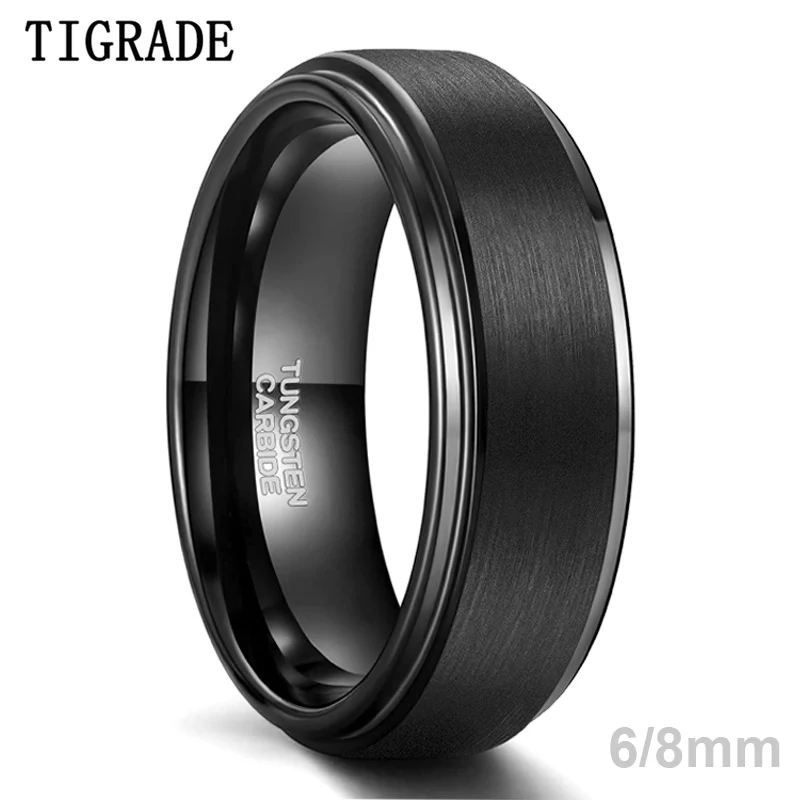 Tigrade 6/8mm Tungsten Carbide Ring Men Black Brushed Fashion Male Wedding Rings Vintage Engagement Band for Couple Unisex Band