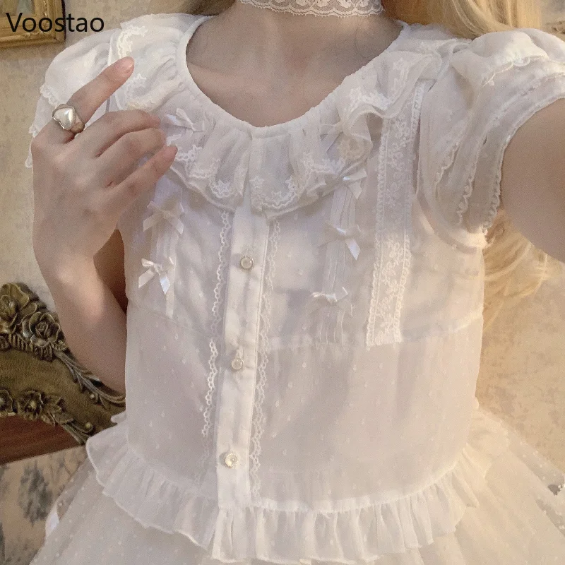 Sweet Lolita Chiffon Shirts Women Vintage Y2k Lace Ruffles Bow Short Sleeves Cute Blouses Japanese Kawaii Ruffles Collar Tops