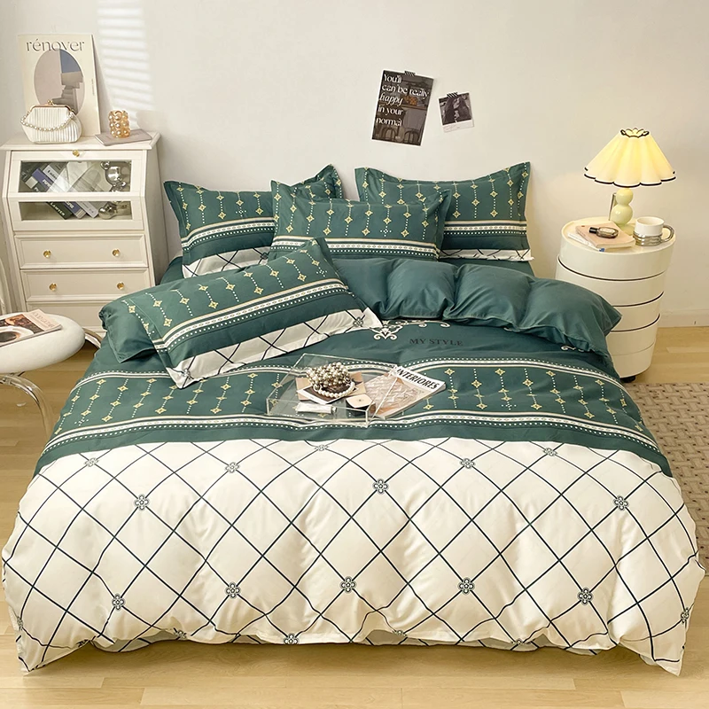 Latticed Luxury Retro Comforter Cover Queen Bedding Set with Pillowcases Nordic Simple Dark Green Duvet Cover Set for Bedroom