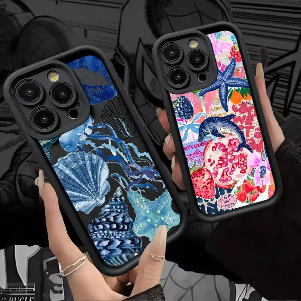 شاطئ البحر مشهد موجة الشاطئ قضية الهاتف آيفون 17 16 15 14 13 12 11 برو ماكس زائد الأسود التغطية الكاملة لينة فوندا غطاء سيليكون