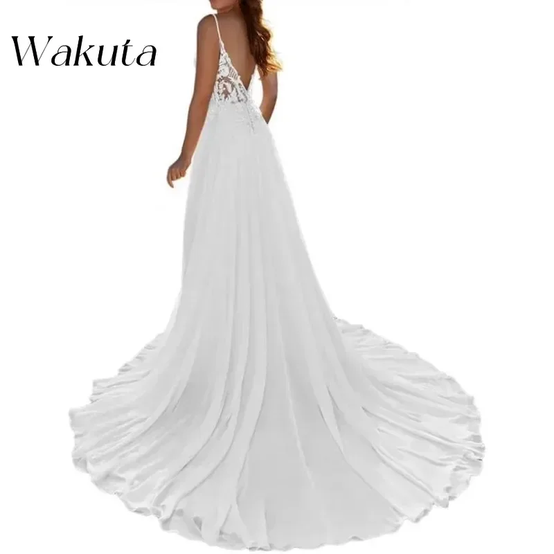 Wakuta-vestido de casamento com decote em V, sem mangas, bordado, vestido de chiffon, casamento na praia, linha A para noivas