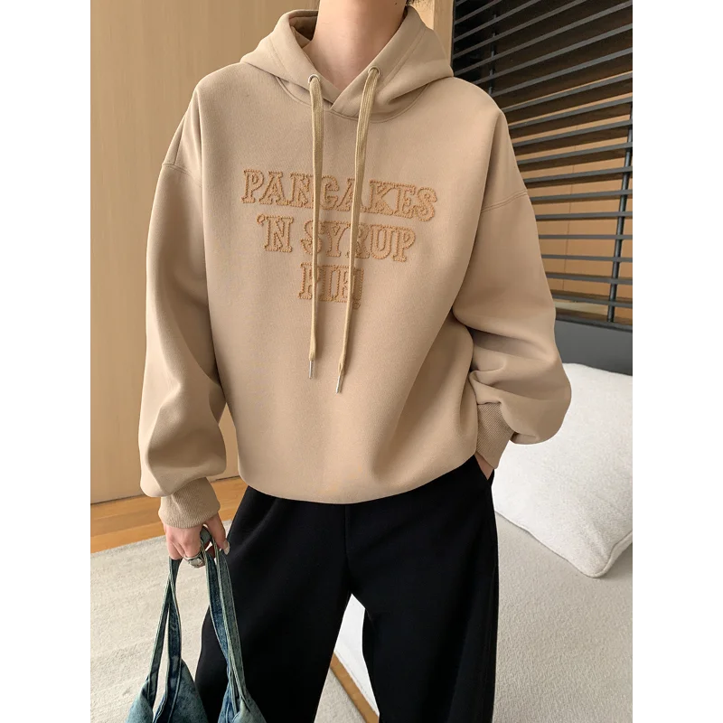 Women Basic Loose Letters Rhinestone Loose Hooded Sweater Autumn Fashion Korea Chic Grey Pink Khaki Knit Women's Clothing