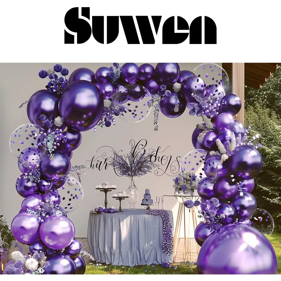 メタリックパープルバルーンとコンフェッティバルーン 18インチ、12インチ、10インチ、5インチの異なるサイズ 60個セット 光沢のあるラテックスヘリウムダークパープルバルーン