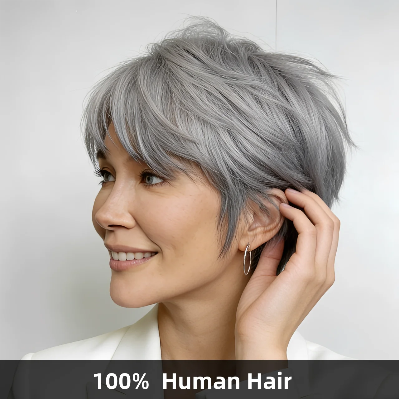 

Серый парик пикси для пожилых женщин, 100% натуральные человеческие волосы, 4 дюйма, 180% плотность, короткий прямой с челкой, полностью машинной работы, на каждый день