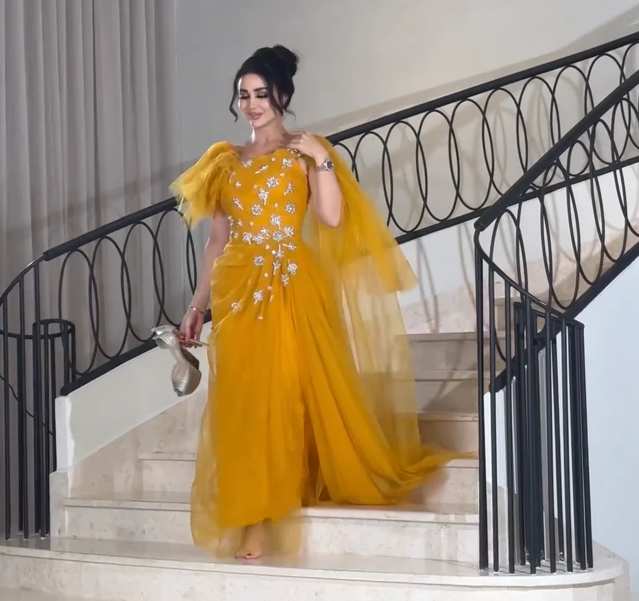Golden Mermaid Prom Dresses Long for Arabic Women 2025 Square Neckline Beading Crystal Beaded Formal Evening Gowns
