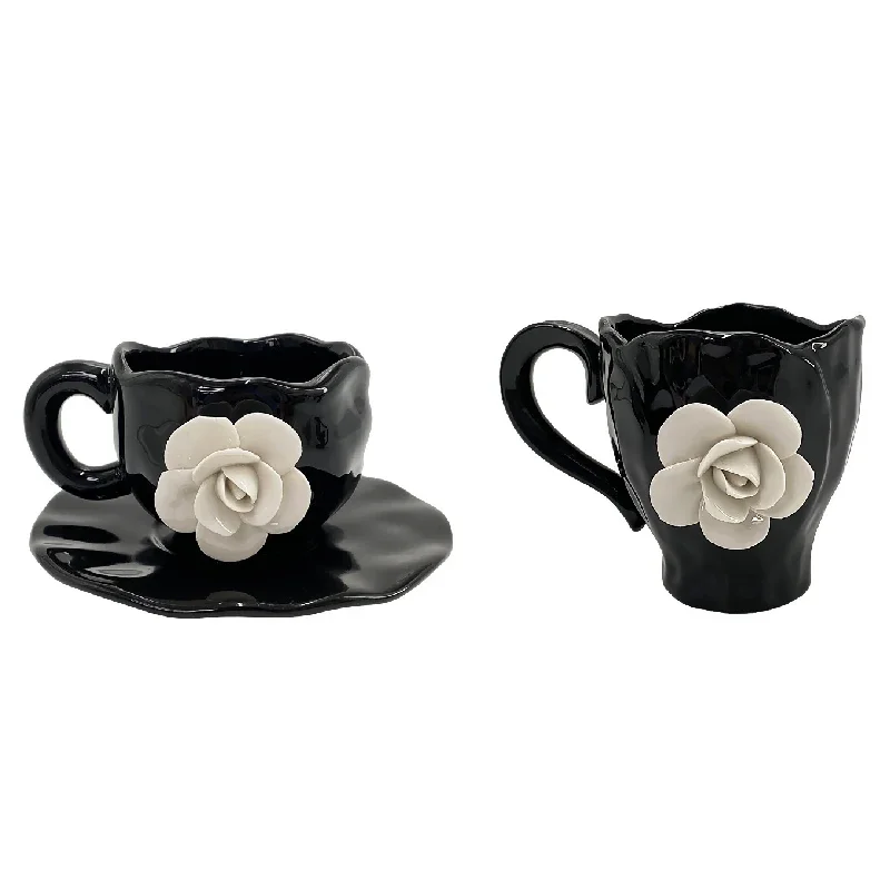 Petal Coffee Mug Creative Hand-pinched White Rose Cups and Saucers Home Afternoon Tea Ceramic Mug Three-dimensional Mug