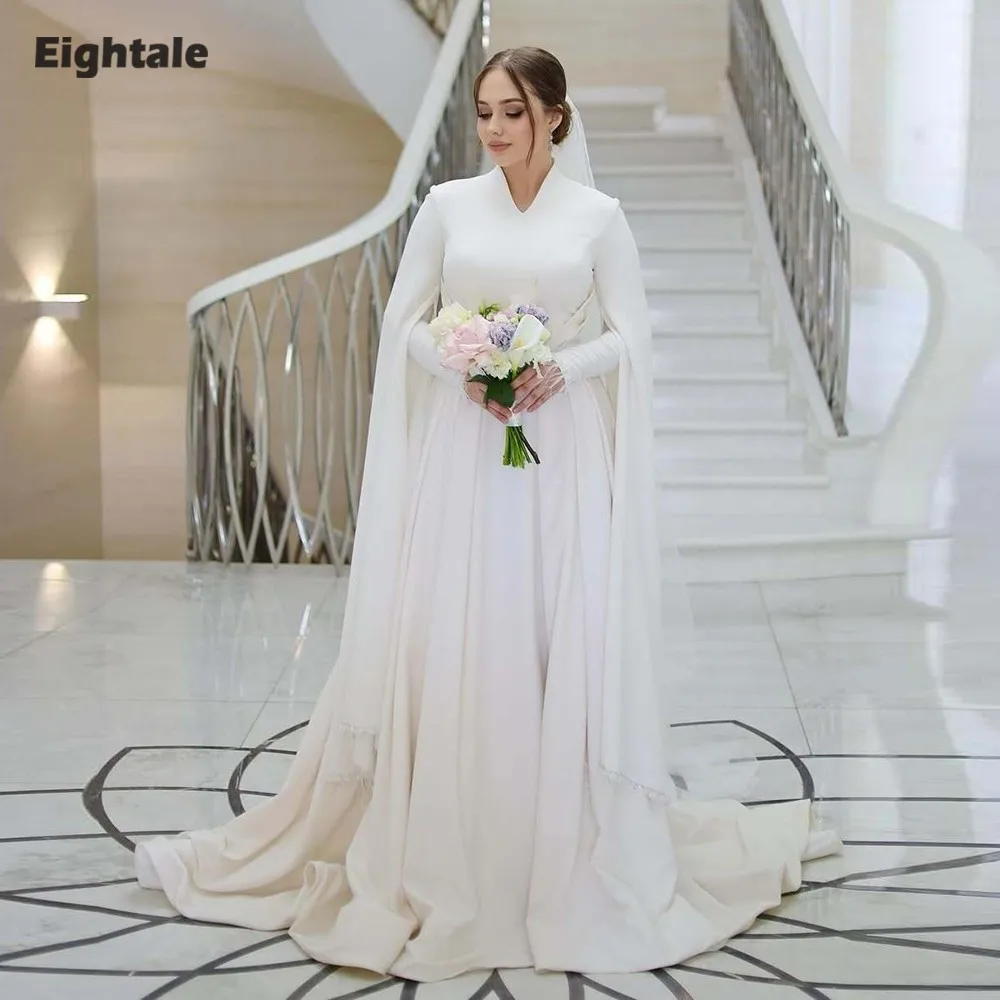 

Eightale Arabic Wedding Dresses V-Neck Customized Mermaid Satin Long Sleeves Muslim Bridal Gowns Vestidos De Novia