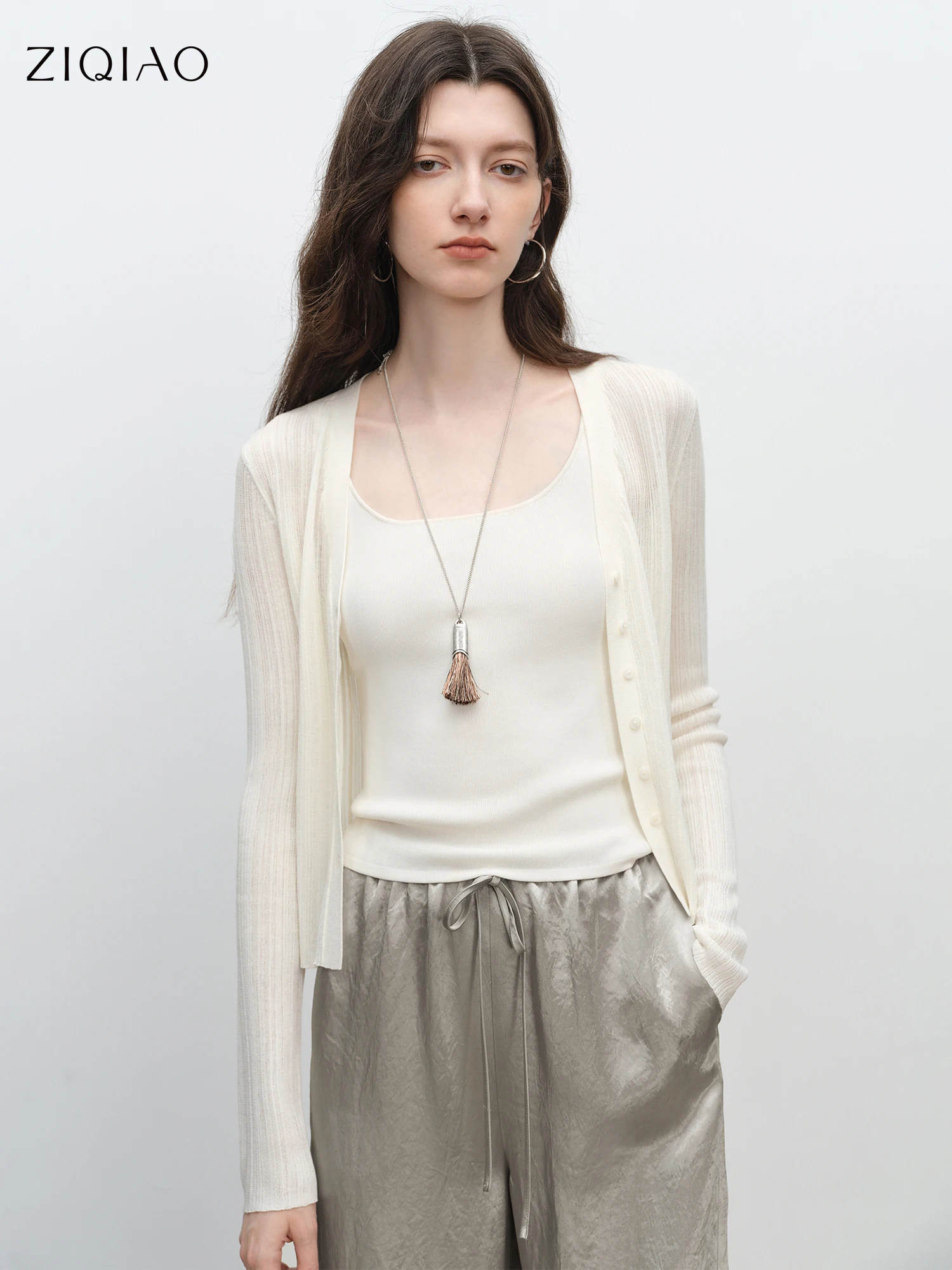 ZIQIAO Lightweight Knit Cardigan for Petite Women Paired Summer Women's 2025 New Collection Designer Top 25ZQ92310