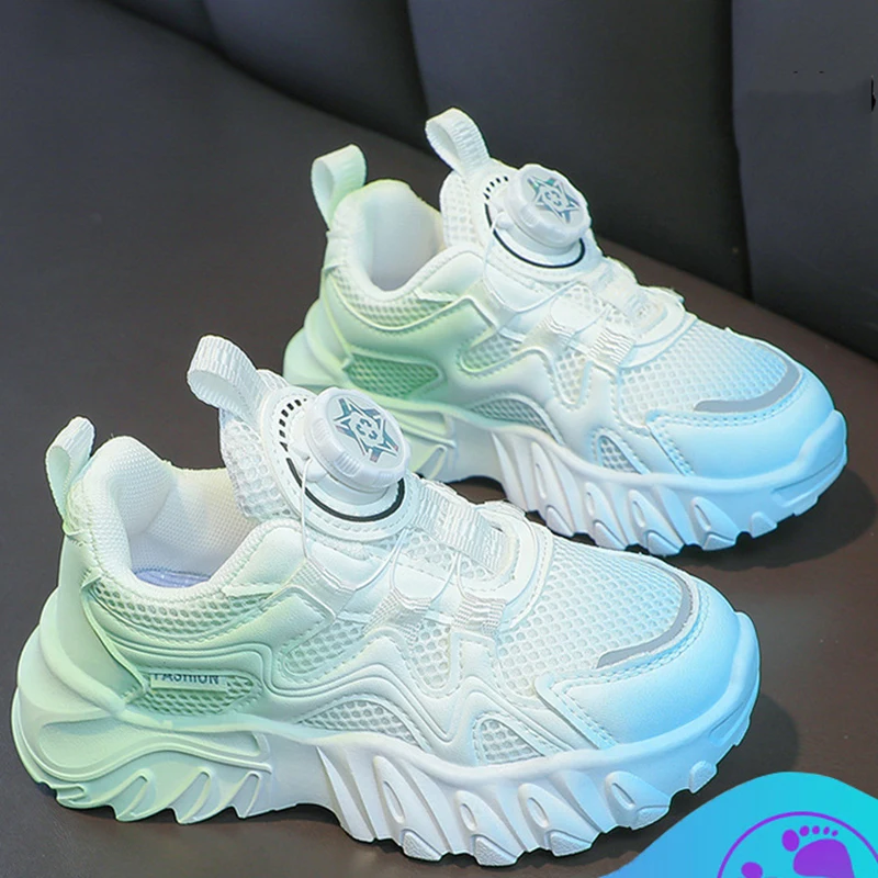 Children Sports Shoes for Girls Colorful Fashoin Sneakers 2024 Spring/summer Kids White Shoes Rotating Button Mesh Running Shoes