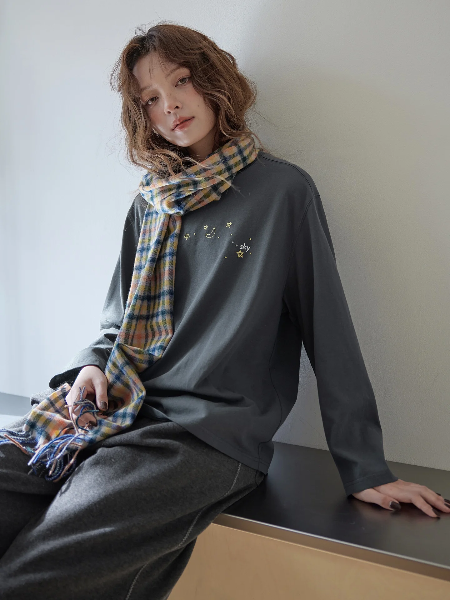 

Mlife Embroidered Long Sve Base irt Deep ey Casual Cotton T-irt Women Winter Loose Fit Comfortable Ladies Top