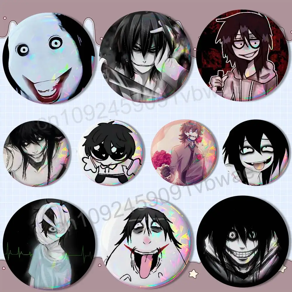 White face wide grin Killer Jeff Laser reflective round badges pins bag clothing decorations collectibles gifts for friends