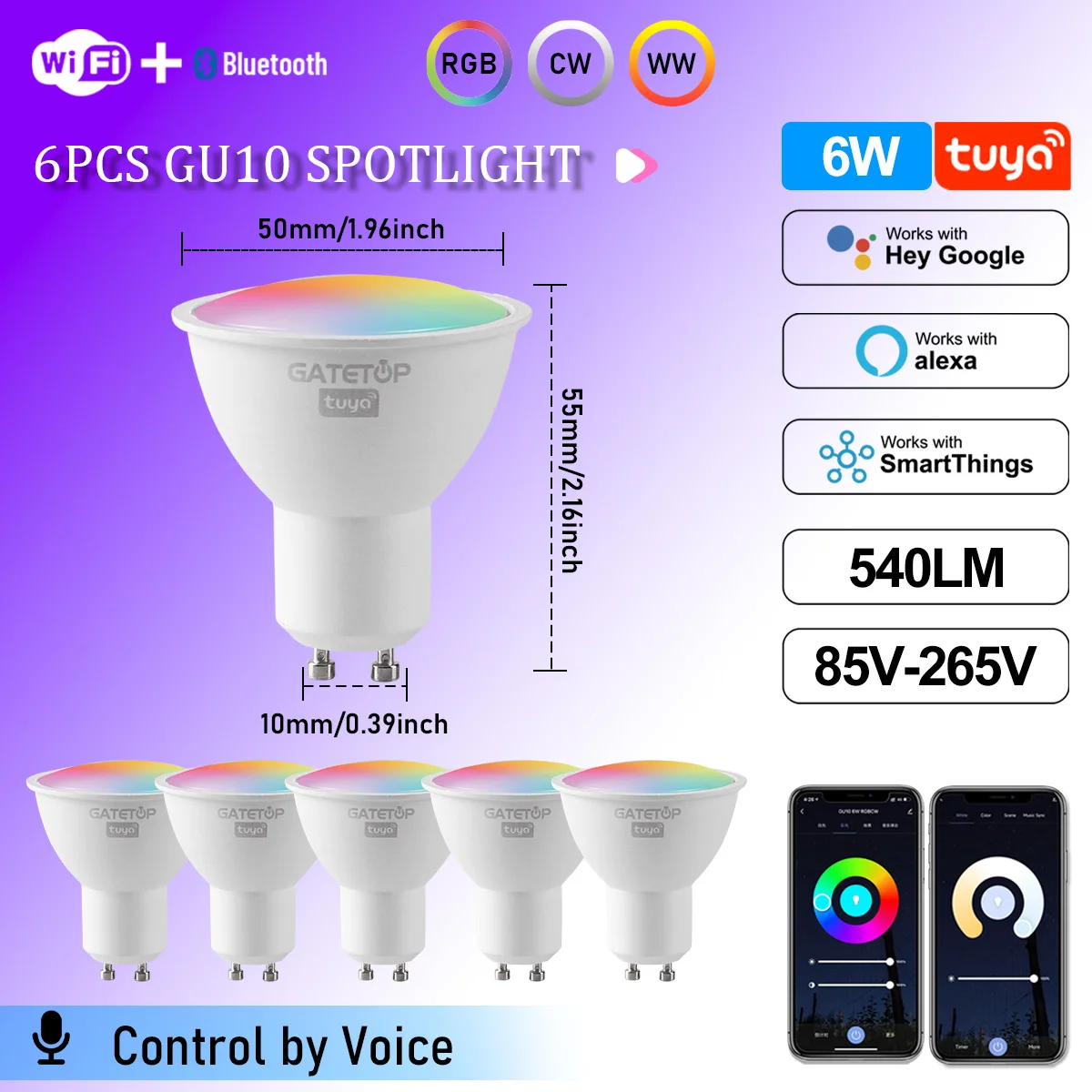 1-10PCS Tuya WiFi GU10 LED Spotlight Slimme Gloeilamp Dimbaar 1-100% Lampen Smart Life App Controle Werkt met Alexa Google