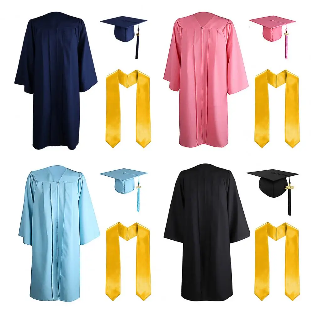 3 unids/set 2025 traje de graduación gorra de graduación mate estolas de hombro y vestido conjunto Unisex vestido suelto para la escuela secundaria