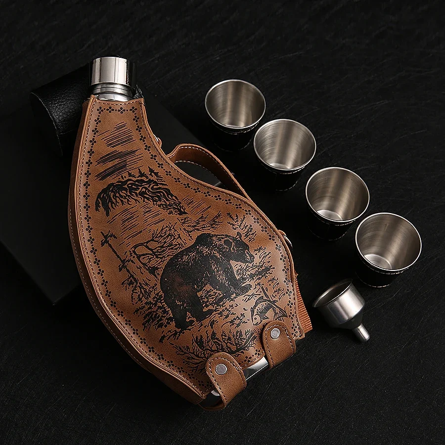 

Drinking Horn Hip Flask Stainless Steel Travel Personalized Hip Flask Portable Leather Retro Flasque Tequila Whisky Drinkware