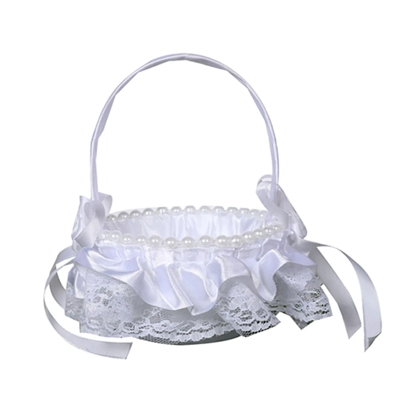 Flower Girl Basket for Wedding Small White Satin Wrapped with Lace Ostrich Fluff Faux Pearls Bows Flowers Assorted Style