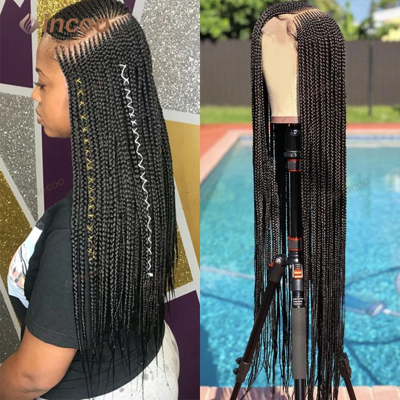 Parte lateral cornrow tranças perucas sintéticas para mulheres peruca dianteira do laço completo trança cabelo africano caixa sem nós trançado perucas loira