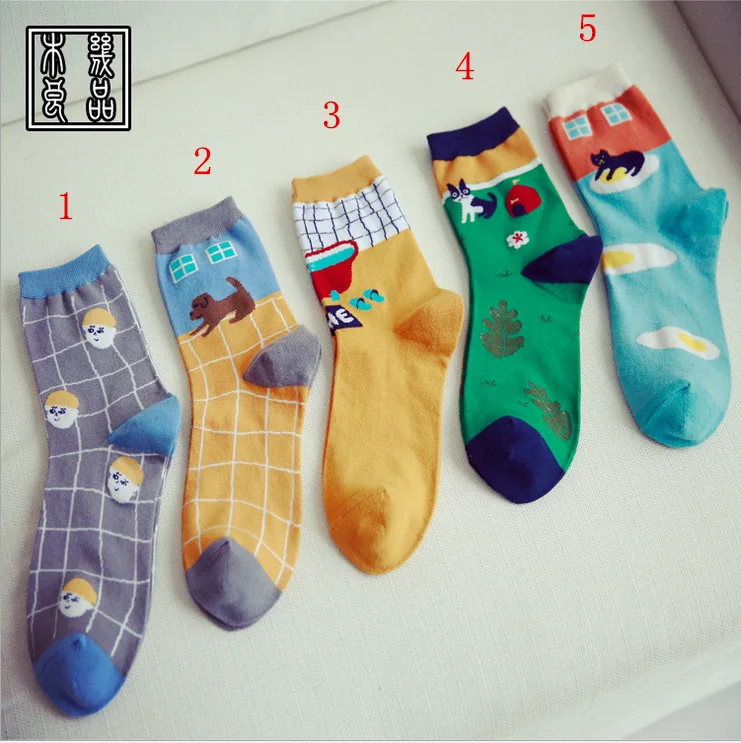 Chaussettes en coton pour femmes, motifs de chat et de chien, couleur bonbon, dessin animé, automne, hiver, nouveau