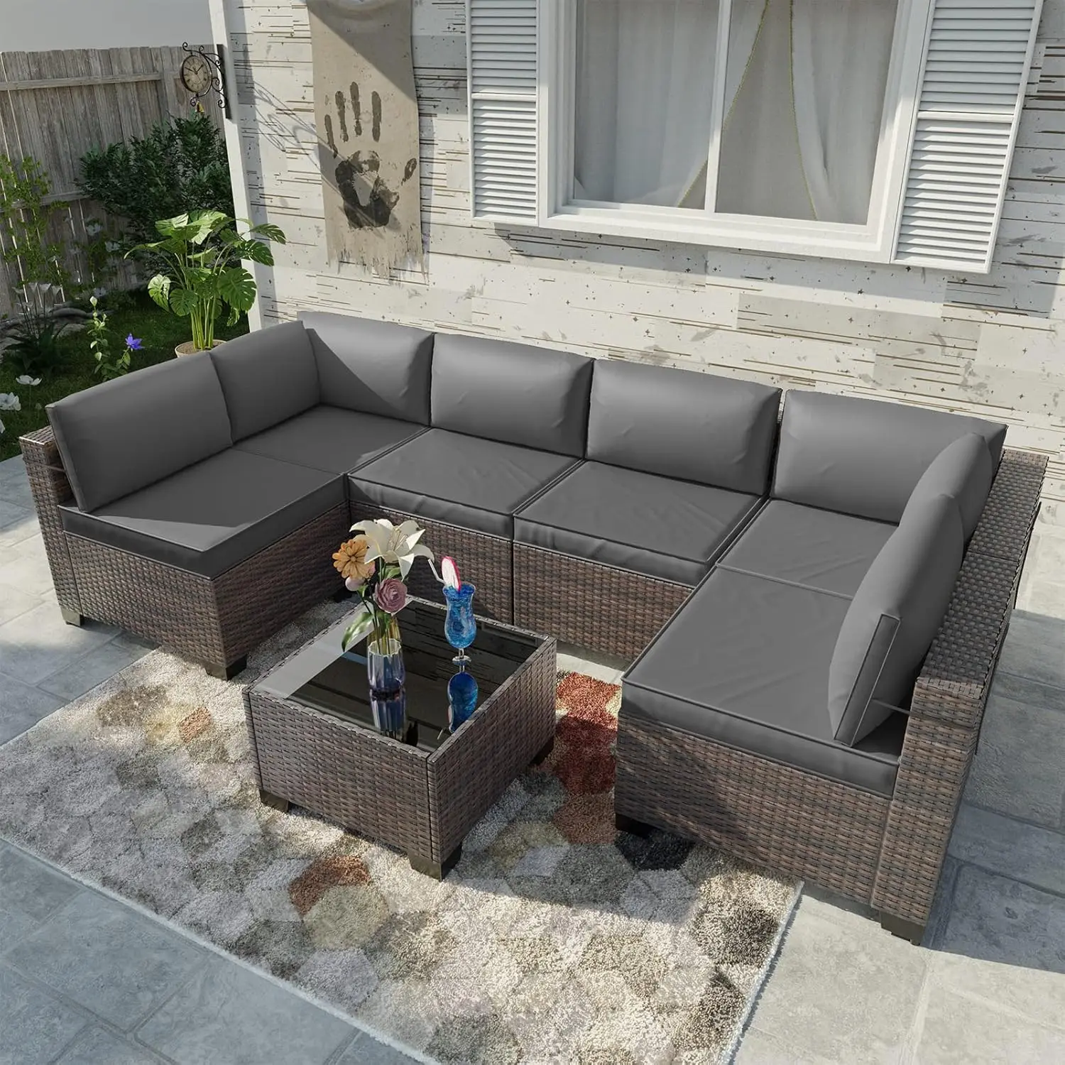 Patio Furniture Set 7 Pieces Outdoor Sectional Rattan Sofa Set Brown Manual Wicker Patio Conversation Set with Grey Cus