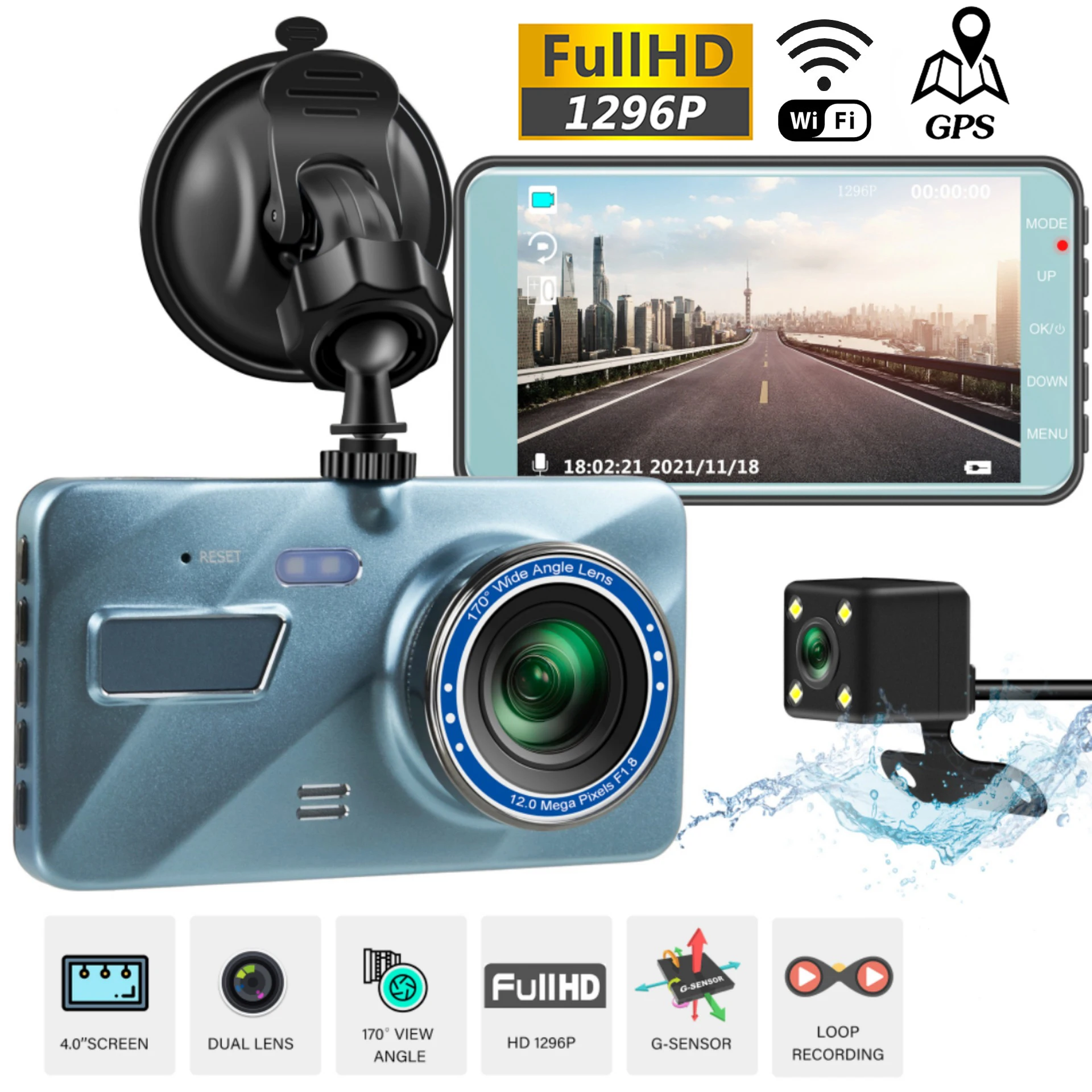 

Видеорегистратор автомобильный Full HD 1080P, WiFi, GPS