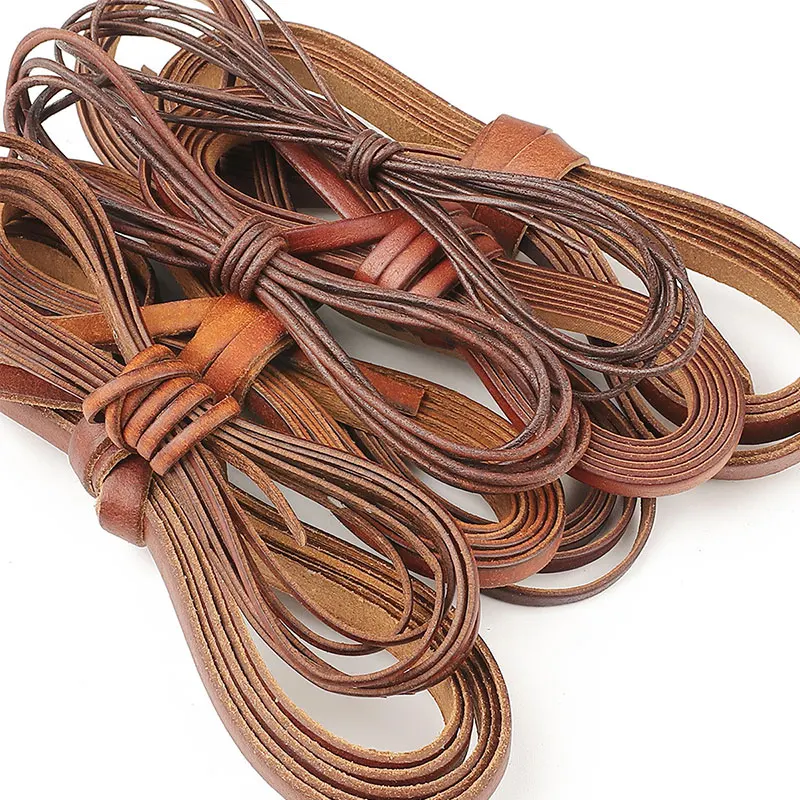 2M Retro Genuine Leather Cord 1.5-10mm Round Flat Cowhide Rope Braided Bracelet String DIY Jewelry Craft Apparel Sewing Material