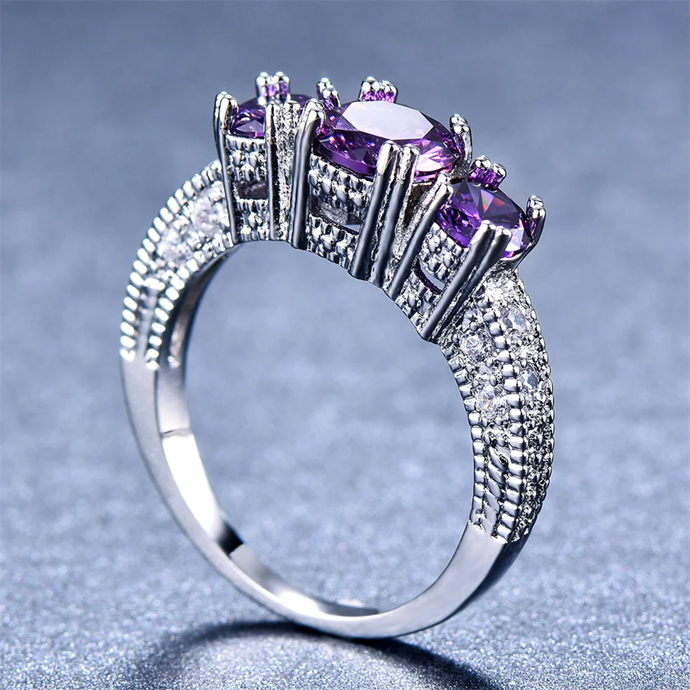 Purple Crystal Three Stone Engagement Rings For Women Trendy Silver Color Bridal Wedding Bands Fashion Jewelry Mother\'s Day Gift