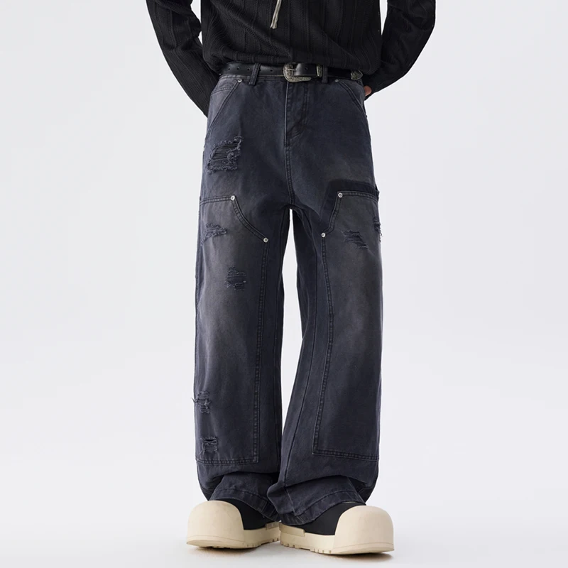 Ripped Jeans Men's Streetwear Fashion Casual Loose Wide Leg Broken Hole Denim Cargo Baggy Jeans Pants Trousers