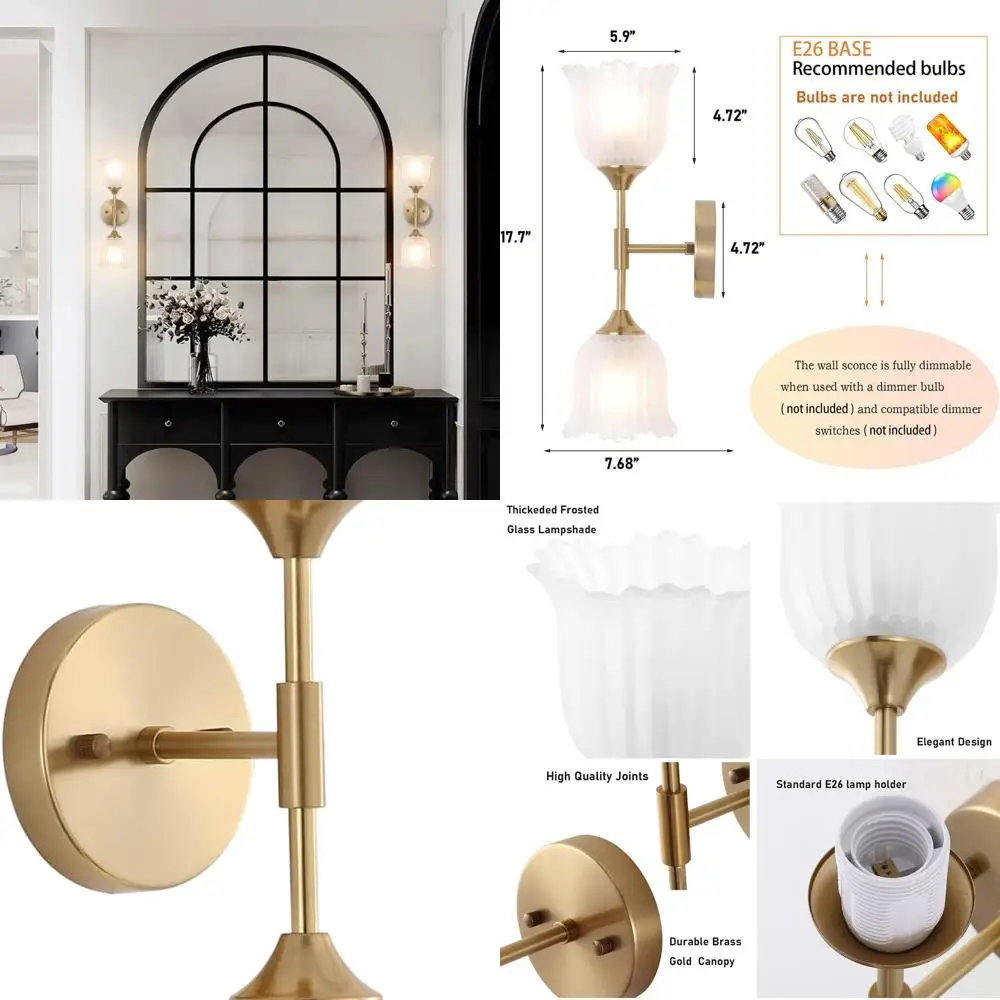 

Mid-Century Modern 2-Light Gold Wall Sconce with Frosted Glass for Bathroom, Bedroom, and Living Room