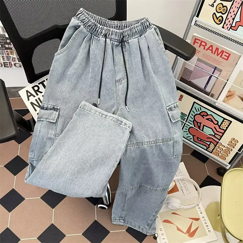 فضفاض مستقيم السراويل الطويلة العصرية غسلها الرجال جديد مرونة الخصر ربيع الخريف الشباب شعبية موضة الجينز جيب كبير السراويل البضائع
