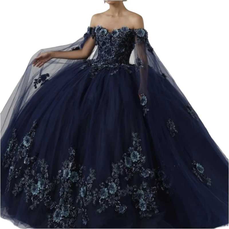 Customized Luxury Navy Blue Women Birthday Party Dress Off Shoulder Flower Ball Gown Vestidos De 15 Quinceañera Sweet 16 14 VX