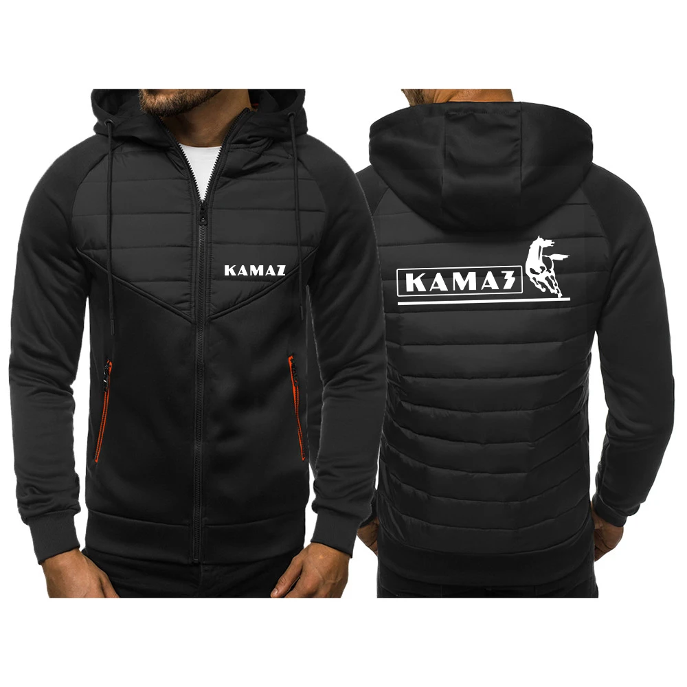 2024 Spring Autumn Men's KAMAZ TRUCK Logo Print Fashion Sports Warm Comfortable Hooded Solid Color Splicing Trendy Cotton Jacket