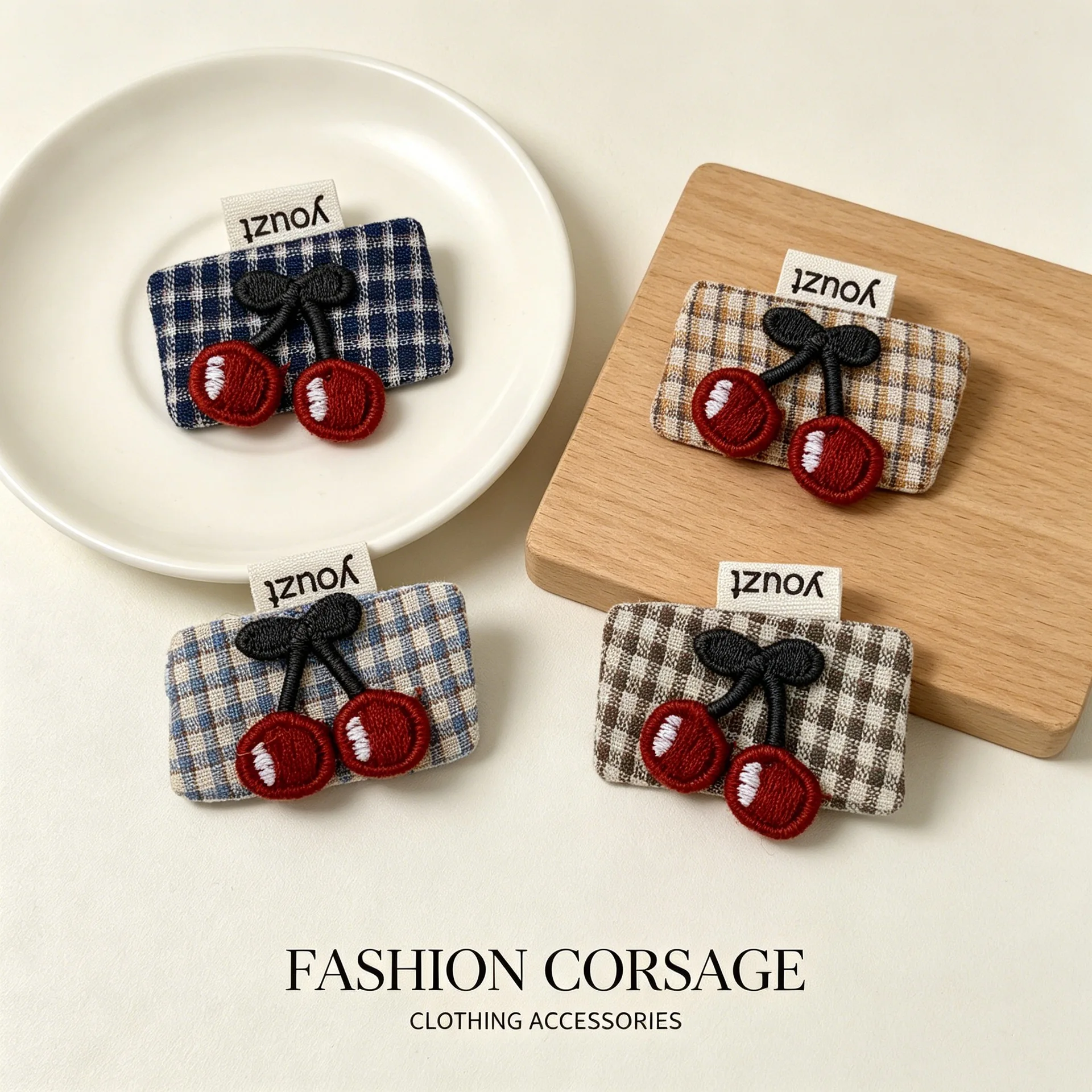 10Pcs DIY Cherry Checkered Fabric Patches for Hair Clips Bags Shoes Socks Accessories