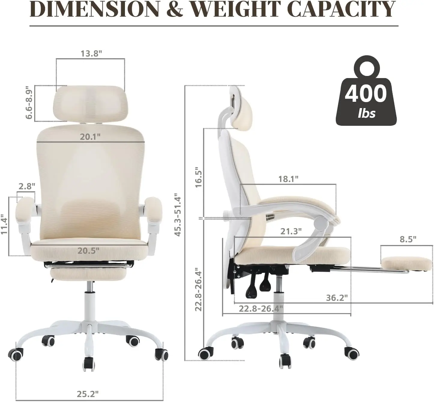 400LBS Capacity,White Computer Chair with Retractable Footrest,Breathable Mesh Back Gaming Chair Adjustable Headrest