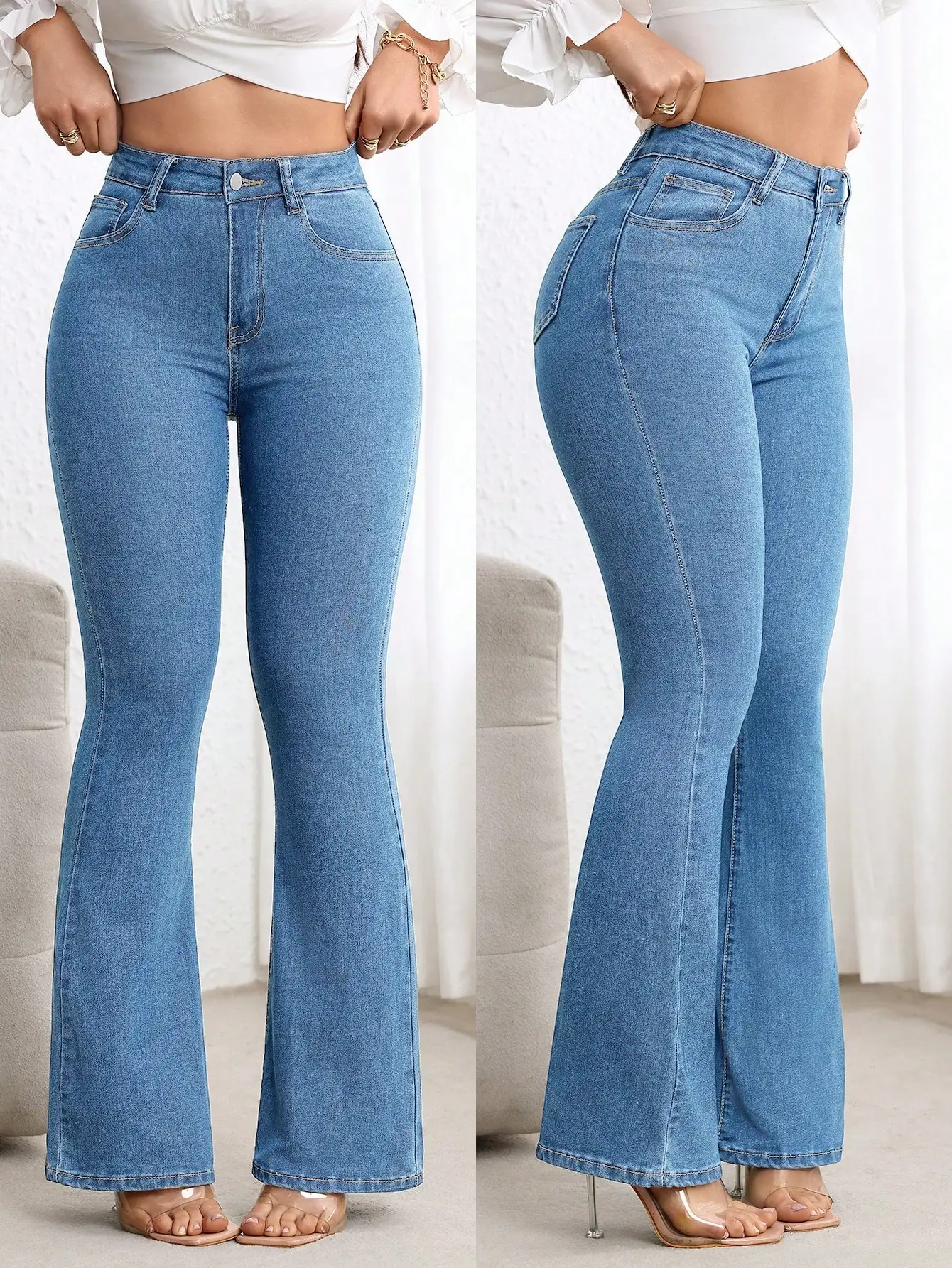 

Женские джинсы с высокой талией, расклешенные, с эффектом потертости и облегающим кроем