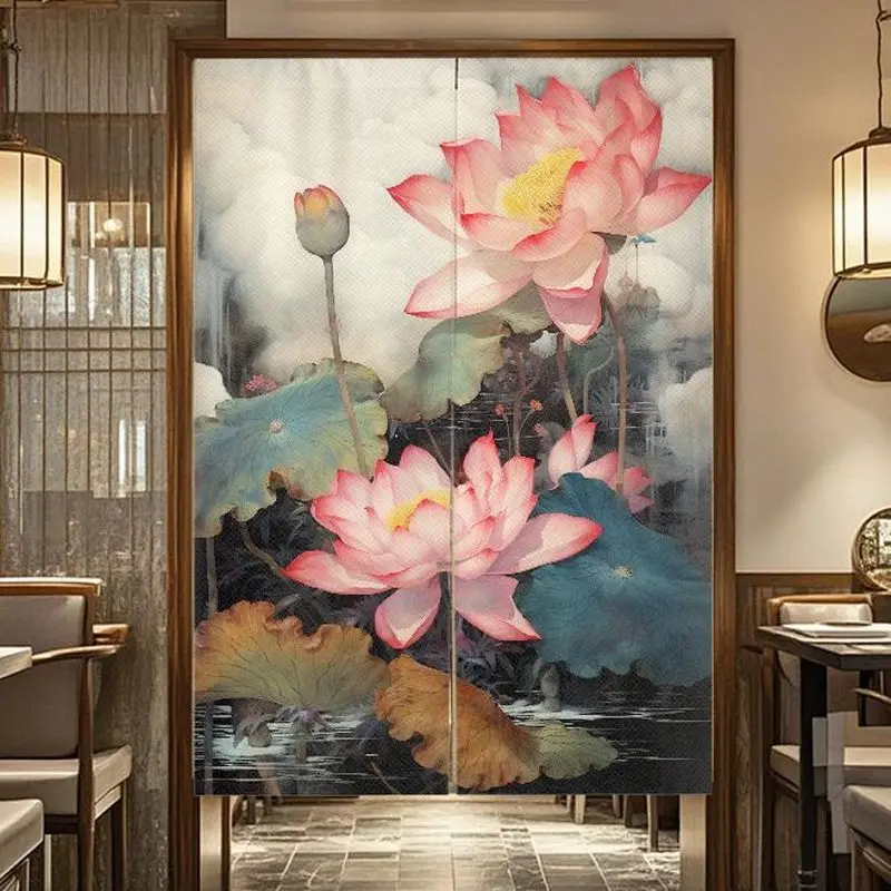 Cortina de puerta Noren con diseño de flor de loto chino VIKAMA, pintura oriental con tinta, cortina divisoria con diseño de lirio de agua, decoración para casa de té o restaurante