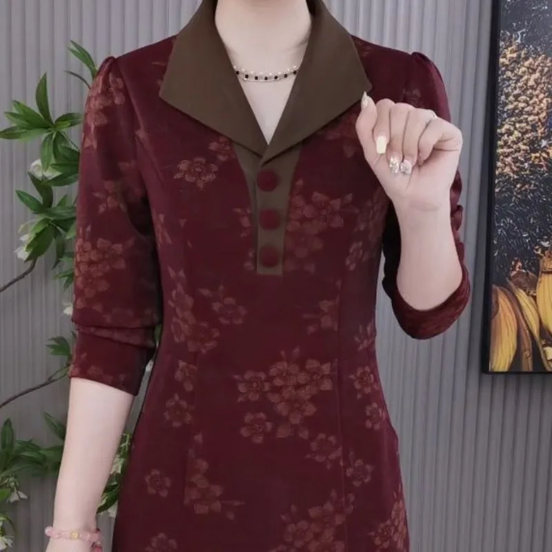 

Women's Autumn and Winter Pullover Turn Down Collar Patchwork Printing Button Pockets Fashion Casual Elegant Long Sleeve Dress