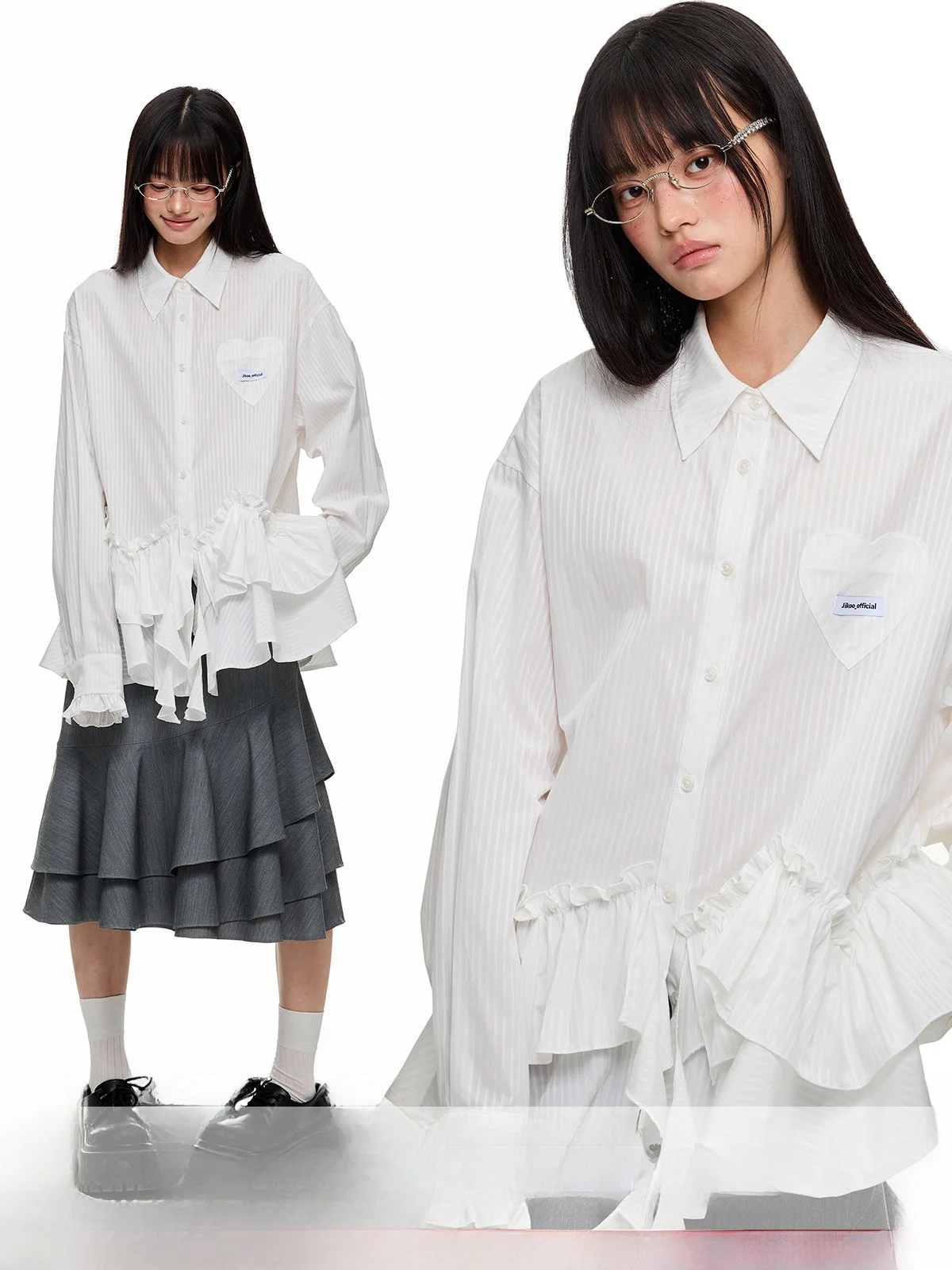 JIKOO White Oversized Long Sleeve Striped Shirt Irregular Lace Design Original Design Women's Fashion Summer Breathable Polye...