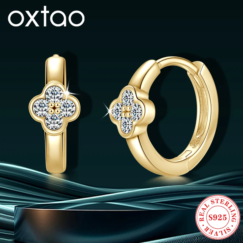 

OXTAO 100% Hoop Earrings Lucky Clover 925 Sterling Silver Original D VVS1 2mm Moissanite Huggie Earring Fine Jewelry for Women