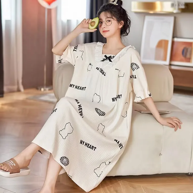 Cute Cat Women's Nightgowns Fashion Night Wear Summer Nightdress Cartoon Femme Sleepwear Plus Size Pijamas Cotton Pyjama M-XXXXL