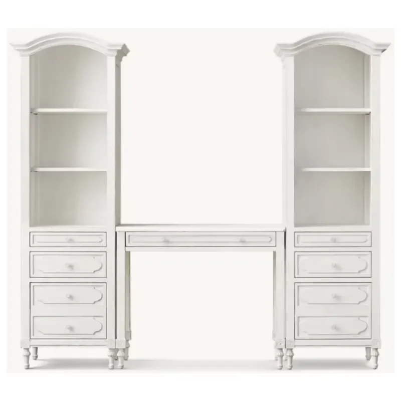 Antique White Solid Wood Desk with Two Side Bookcases Carved Legs French Gustavian Style Home Office Study Dresser Set