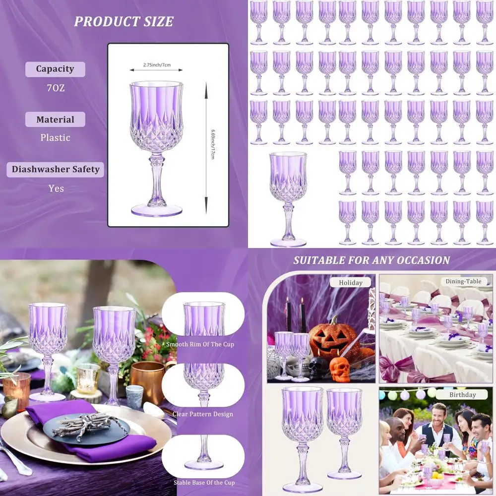 

Set of 48 7-Ounce Purple Plastic Wine Glasses, Durable Champagne Flutes, Elegant Crystal-Like Unbreakable Goblets for Weddings a
