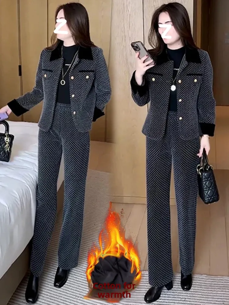 

Faionable Thiened Cotton Winter Set Women's Sli Slimming Coat And Wide Leg Pants Two Piece Set Casual Wear for All Se...