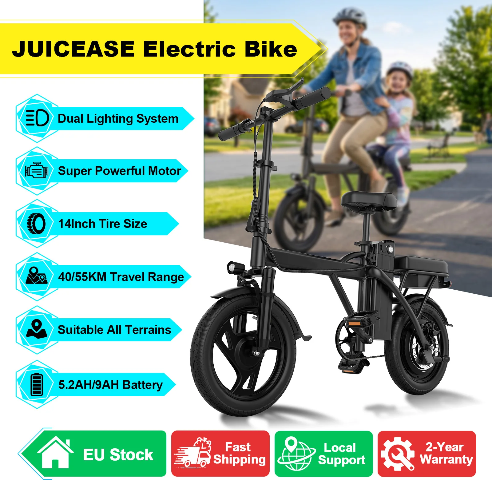 Bicicletta Elettrica JUICEASE X14/X14PRO Aggiornata 2026, Autonomia Ultra Lunga 40-55KM, Pneumatici da 14 Pollici, Bici Elettrica Fuoristrada, Modalità Velocità Regolabile, Potente E-Bike
