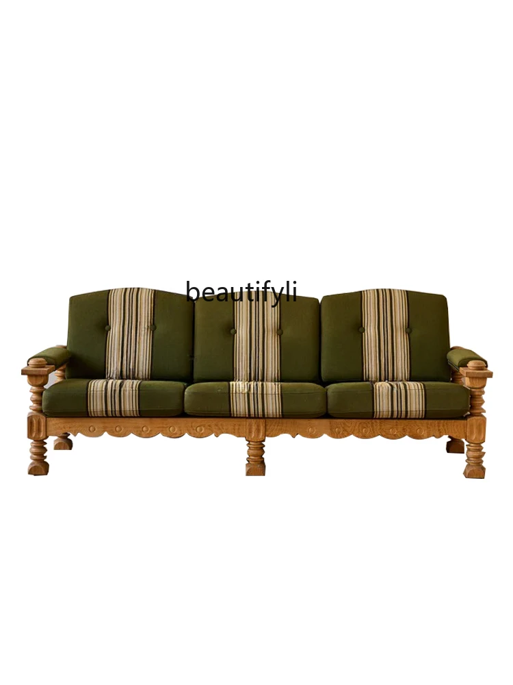 

Nordic solid wood sofa retro old seat medieval striped three-person sofa chair can be customized