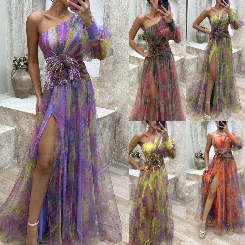 

Dress for Women Maxi Sexy New European and American Mesh Diagonal Shoulder for Spring and Summer Casual Fashion