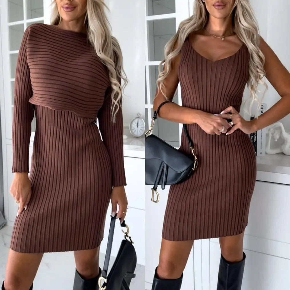 

Женский комплект с длинными рукавами и юбкой на бретелях, повседневный стиль, зимняя коллекция, комплект из трех предметов, модный и стильный.