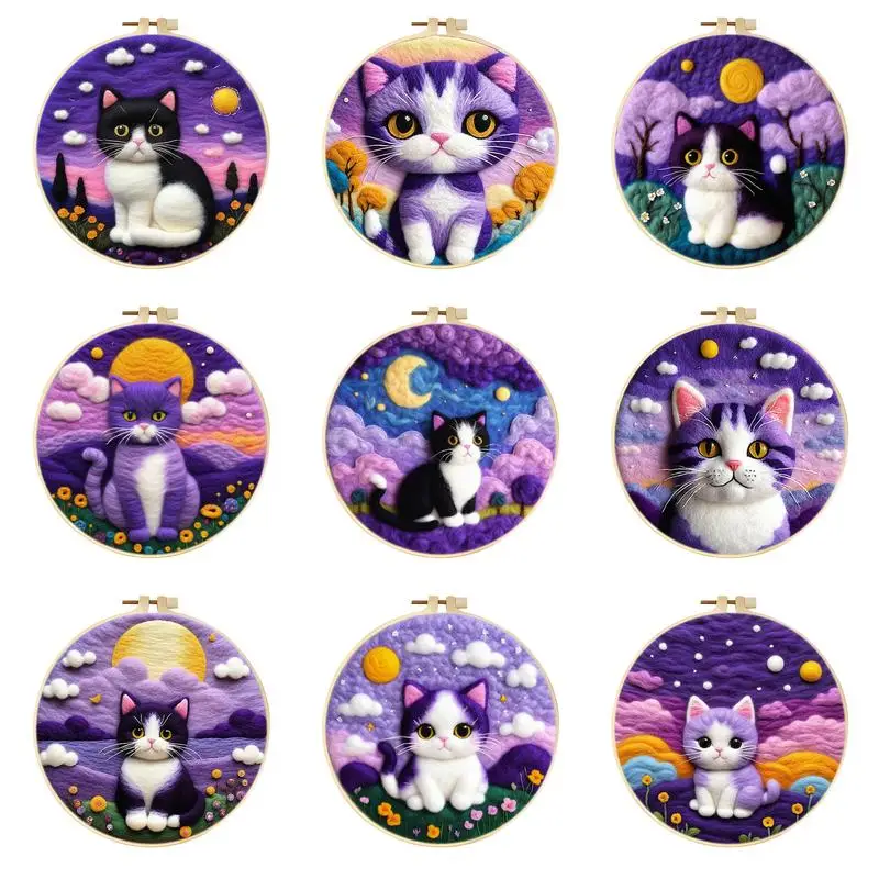 

Moon Cat Felt Starter Kits For Adults Diy Wool Felting Painting Beginners Kit Embroidery Frame Wool Needlework Crafts