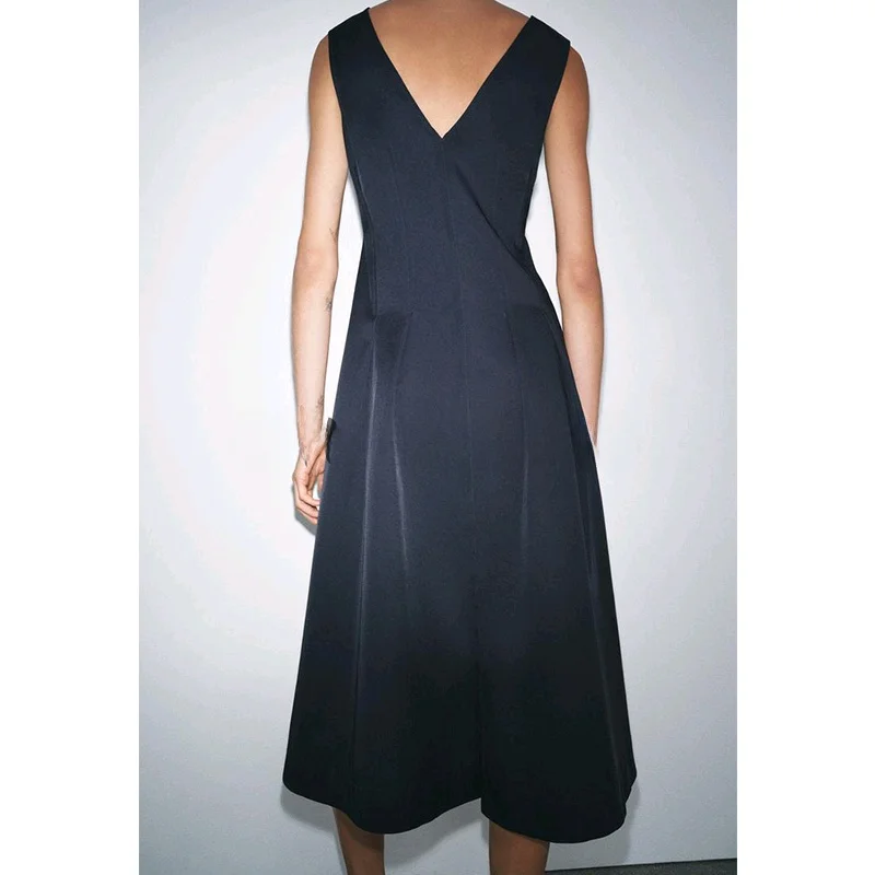 

Spring Summer New Women's Cotton Blend A-Line Midi Dr Zipper Trim V-Ne High Waist Polyester Fiber Summer Dr